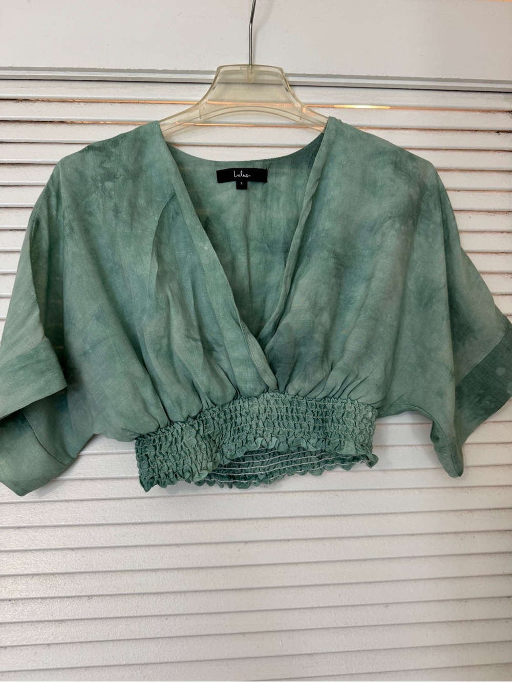 Lulu's Sage Green Smocked-Waist V-Neck Crop Blouse